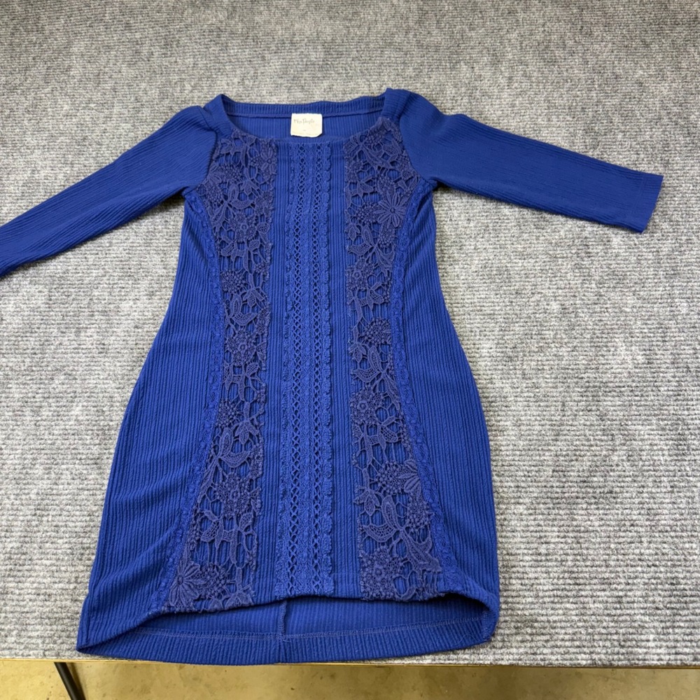 Free People Royal Blue Ribbed Knit Lace Panel Dress Small cottage cor whimsical‎
